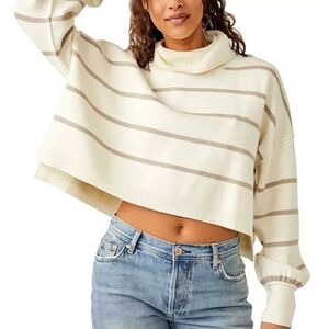 NWT Free People Paulie Moonbeam Creme Striped Turtleneck Sweater Size XL